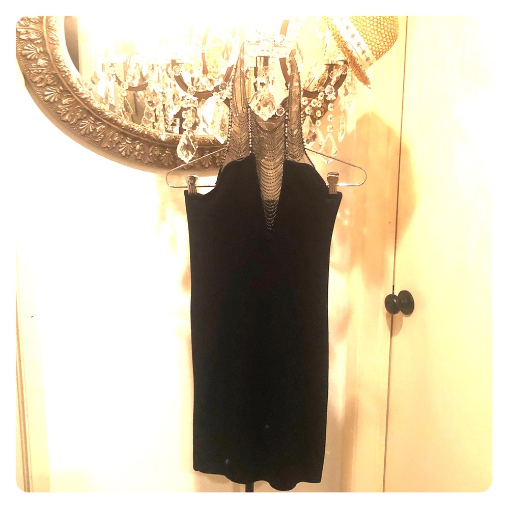 Blk Knit Dress w Halter Chain & Rinestone Neckline